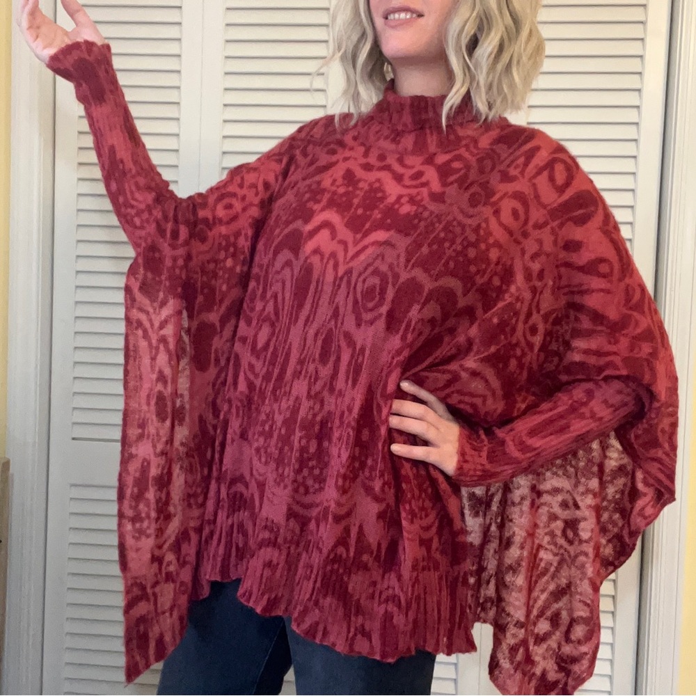 GHOST - Mohair Wool Semi Sheer Turtleneck Poncho with Sleeves - Size L